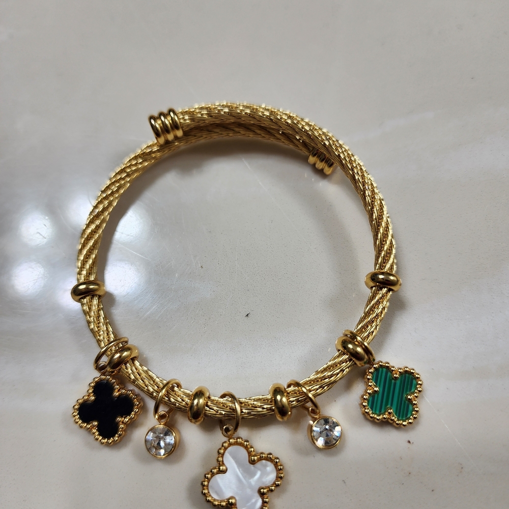 Gold-Tone Four-Leaf Charm Clover Bracelet with Black, White & Green Accents